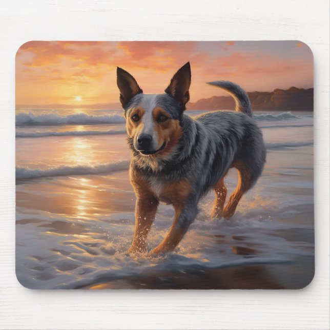 Sandy Paws Australian Cattle Dog on Beach Sunset Mouse Pad (Front)