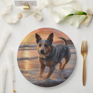 Sandy Paws Australian Cattle Dog on Beach Sunset Paper Plate