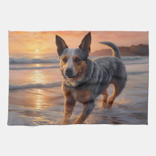 Sandy Paws Australian Cattle Dog on Beach Sunset Tea Towel (Horizontal)