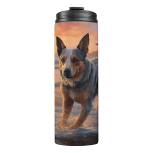 Sandy Paws Australian Cattle Dog on Beach Sunset Thermal Tumbler