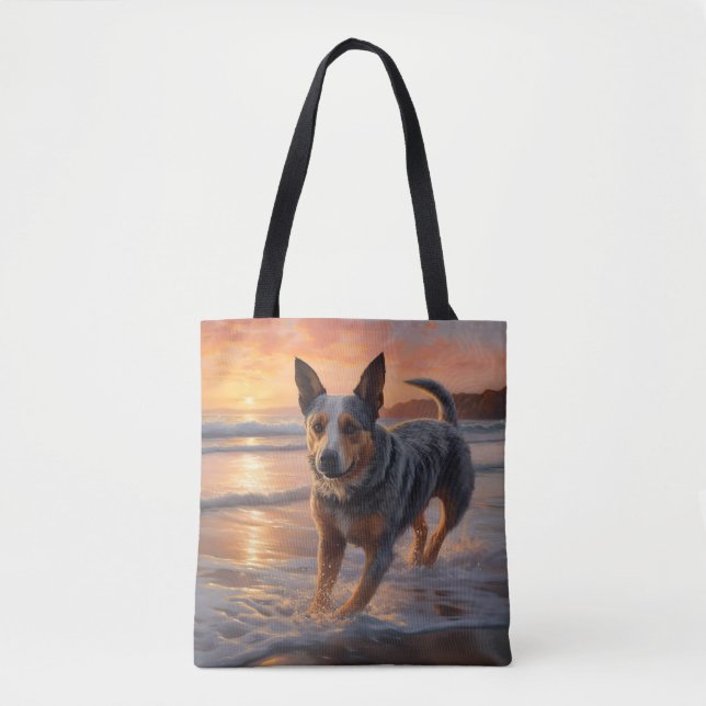 Sandy Paws Australian Cattle Dog on Beach Sunset Tote Bag (Front)