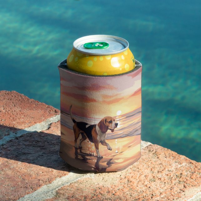 Sandy Paws Beagle Dog on Beach Sunset  Can Cooler (In Situ Pool)