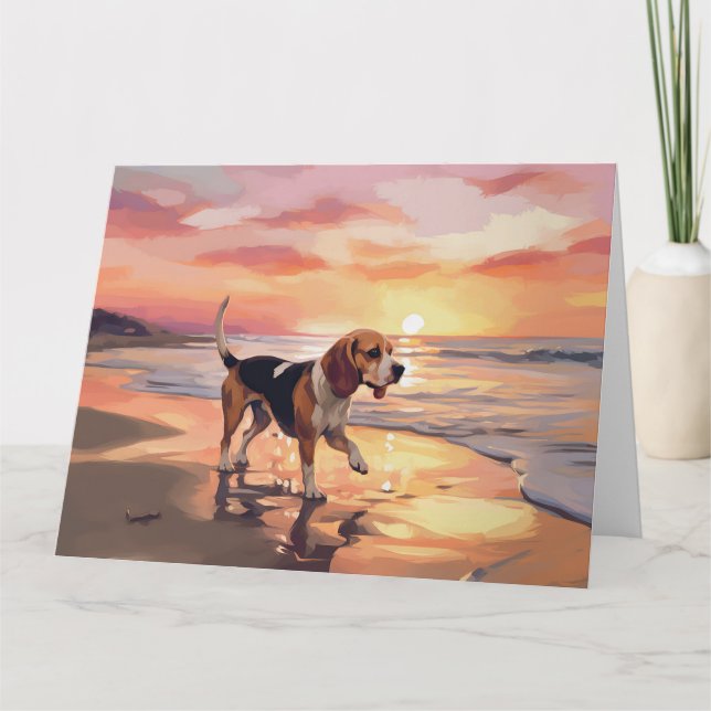 Sandy Paws Beagle Dog on Beach Sunset  Card (Front)