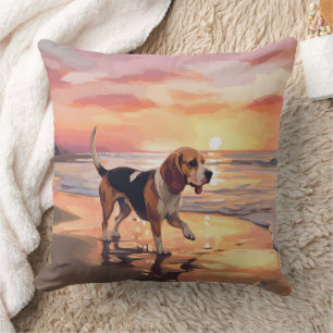 Sandy Paws Beagle Dog on Beach Sunset  Cushion