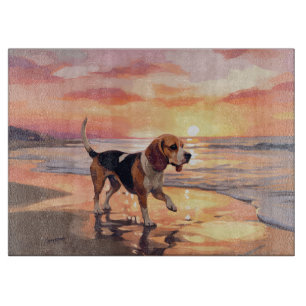 Sandy Paws Beagle Dog on Beach Sunset  Cutting Board