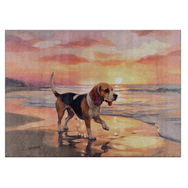 Sandy Paws Beagle Dog on Beach Sunset  Cutting Board (Front)