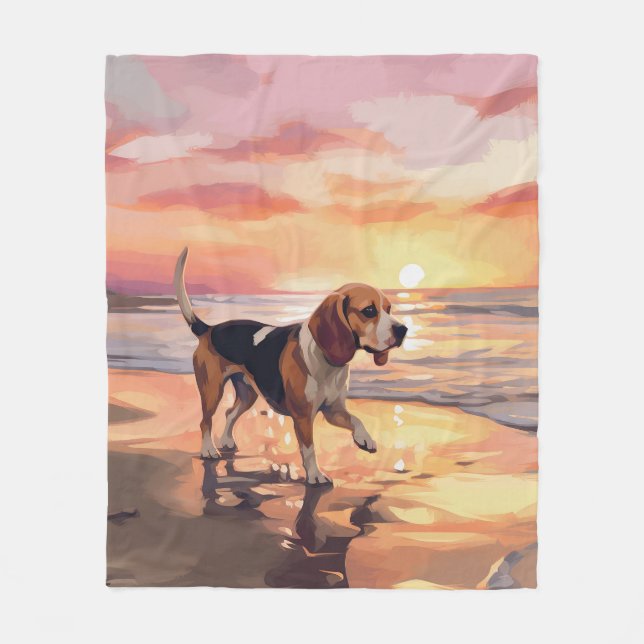 Sandy Paws Beagle Dog on Beach Sunset  Fleece Blanket (Front)