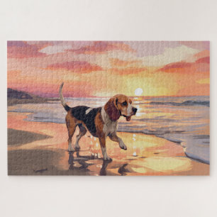 Sandy Paws Beagle Dog on Beach Sunset Jigsaw Puzzle