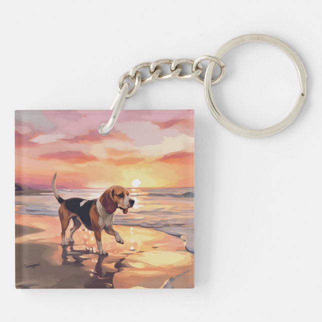 Sandy Paws Beagle Dog on Beach Sunset  Key Ring (Back)