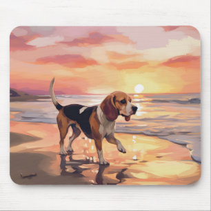 Sandy Paws Beagle Dog on Beach Sunset Mouse Pad