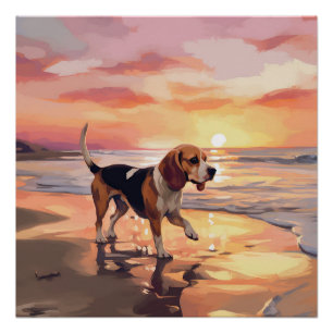 Sandy Paws Beagle Dog on Beach Sunset Poster