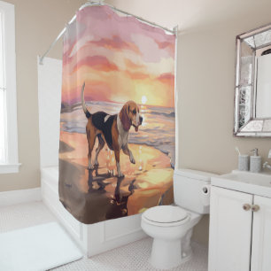 Sandy Paws Beagle Dog on Beach Sunset Shower Curtain
