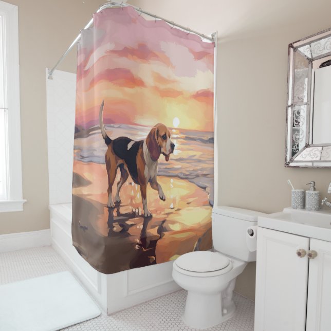 Sandy Paws Beagle Dog on Beach Sunset  Shower Curtain (In Situ)
