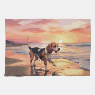 Sandy Paws Beagle Dog on Beach Sunset  Tea Towel