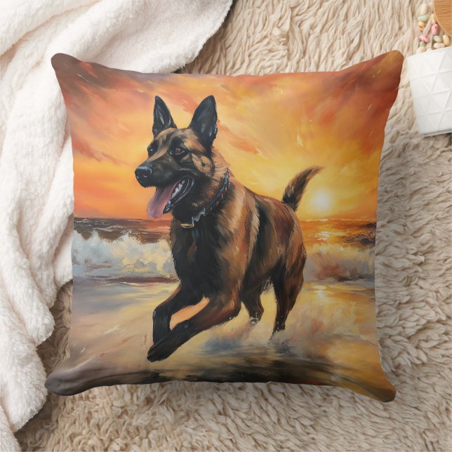 Sandy Paws Belgian Malinois Dog on Beach Sunset  Cushion (Blanket)