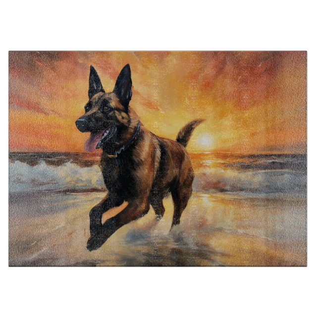 Sandy Paws Belgian Malinois Dog on Beach Sunset  Cutting Board (Front)
