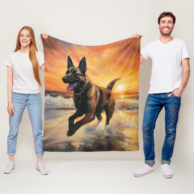 Sandy Paws Belgian Malinois Dog on Beach Sunset  Fleece Blanket (In Situ)