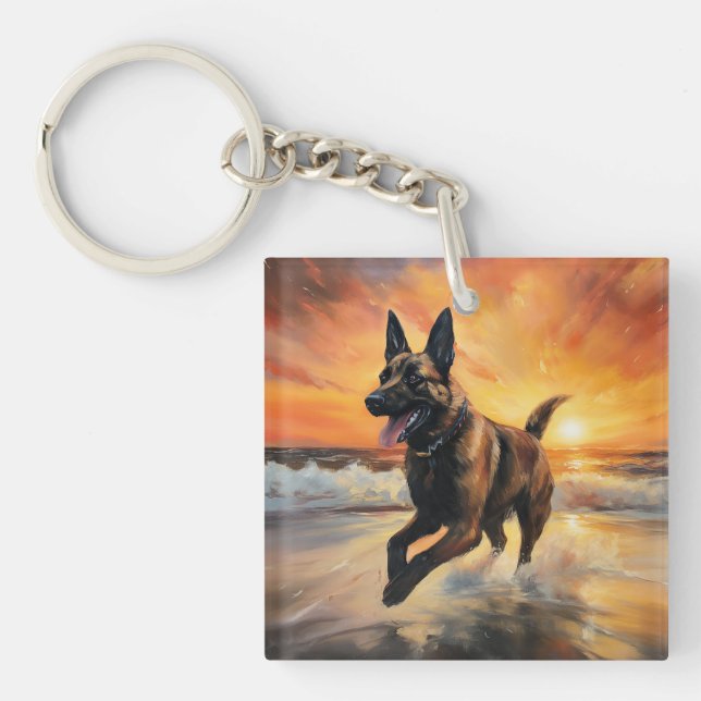 Sandy Paws Belgian Malinois Dog on Beach Sunset  Key Ring (Front)