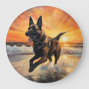 Sandy Paws Belgian Malinois Dog on Beach Sunset Large Clock