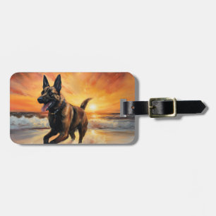 Sandy Paws Belgian Malinois Dog on Beach Sunset Luggage Tag