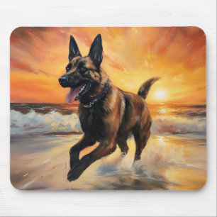 Sandy Paws Belgian Malinois Dog on Beach Sunset Mouse Pad