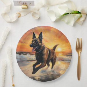 Sandy Paws Belgian Malinois Dog on Beach Sunset  Paper Plate