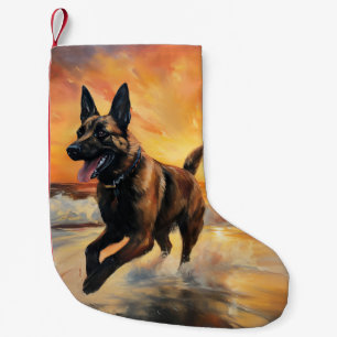 Sandy Paws Belgian Malinois Dog on Beach Sunset  Small Christmas Stocking