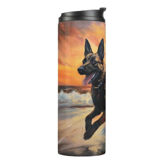 Sandy Paws Belgian Malinois Dog on Beach Sunset  Thermal Tumbler (Rotated Left)