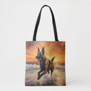 Sandy Paws Belgian Malinois Dog on Beach Sunset Tote Bag