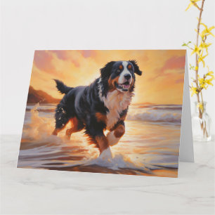 Sandy Paws Bernese Mountain Dog on Beach Sunset Card