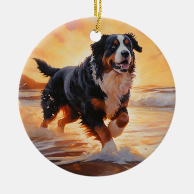 Sandy Paws Bernese Mountain Dog on Beach Sunset  Ceramic Ornament (Front)
