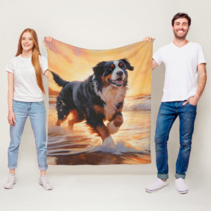 Sandy Paws Bernese Mountain Dog on Beach Sunset Fleece Blanket