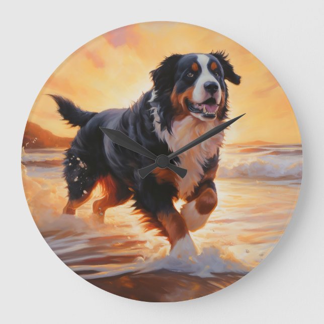 Sandy Paws Bernese Mountain Dog on Beach Sunset  Large Clock (Front)