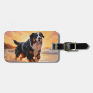 Sandy Paws Bernese Mountain Dog on Beach Sunset  Luggage Tag