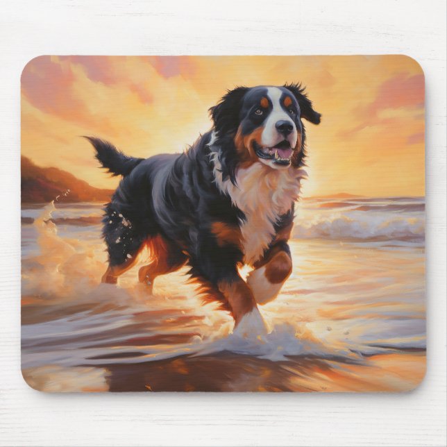 Sandy Paws Bernese Mountain Dog on Beach Sunset  Mouse Pad (Front)