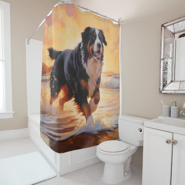 Sandy Paws Bernese Mountain Dog on Beach Sunset  Shower Curtain (In Situ)