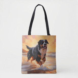 Sandy Paws Bernese Mountain Dog on Beach Sunset  Tote Bag