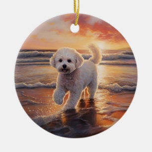 Sandy Paws Bichon Frise Dog on Beach Sunset  Ceramic Ornament