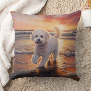 Sandy Paws Bichon Frise Dog on Beach Sunset  Cushion