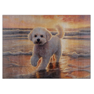 Sandy Paws Bichon Frise Dog on Beach Sunset  Cutting Board