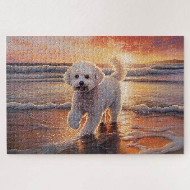 Sandy Paws Bichon Frise Dog on Beach Sunset  Jigsaw Puzzle (Horizontal)