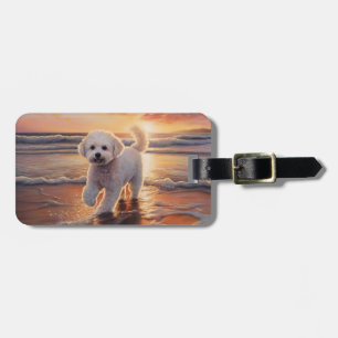 Sandy Paws Bichon Frise Dog on Beach Sunset  Luggage Tag