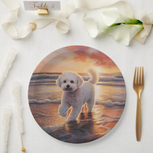 Sandy Paws Bichon Frise Dog on Beach Sunset Paper Plate