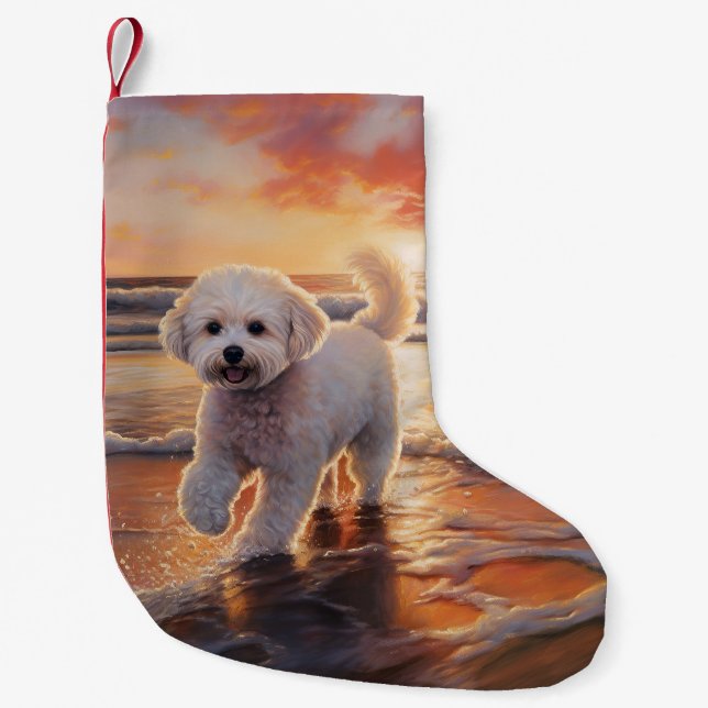 Sandy Paws Bichon Frise Dog on Beach Sunset  Small Christmas Stocking (Front)