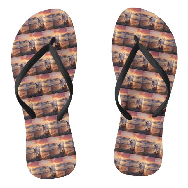 Sandy Paws Bichon Frise Dog on Beach Sunset  Thongs (Footbed)