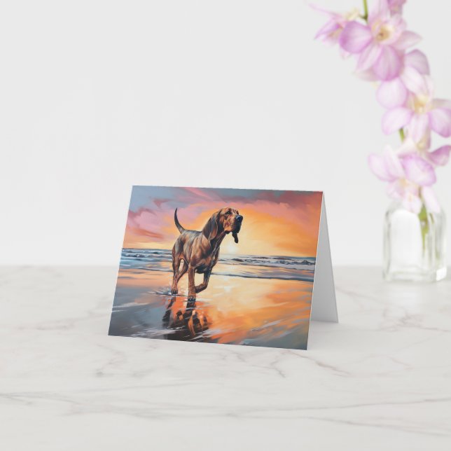 Sandy Paws Bloodhound Dog on Beach Sunset  Card (Orchid)