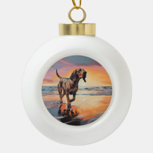 Sandy Paws Bloodhound Dog on Beach Sunset  Ceramic Ball Christmas Ornament