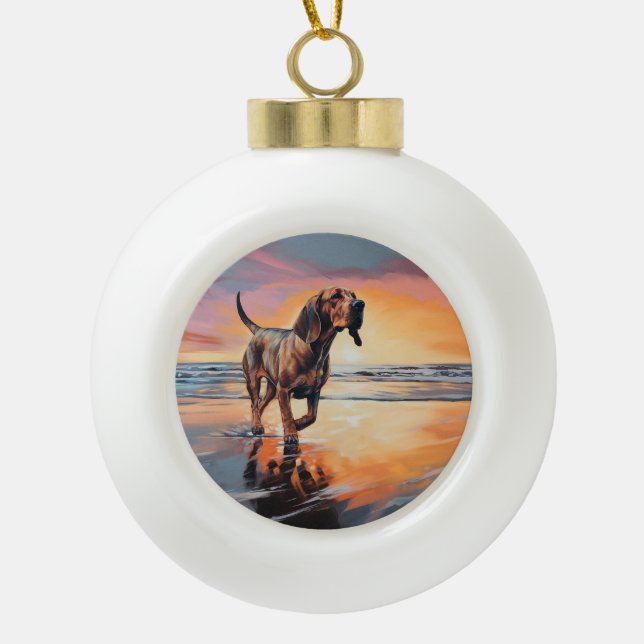 Sandy Paws Bloodhound Dog on Beach Sunset  Ceramic Ball Christmas Ornament (Front)
