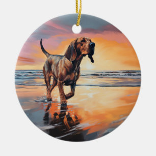 Sandy Paws Bloodhound Dog on Beach Sunset  Ceramic Ornament