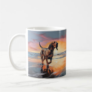 Sandy Paws Bloodhound Dog on Beach Sunset  Coffee Mug